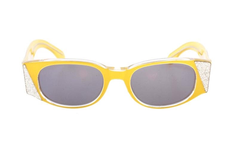 NV Marylin one of a kind rocker sunglasses, yellow / silver glitter asymmetrical pattern , NOS 80s mint