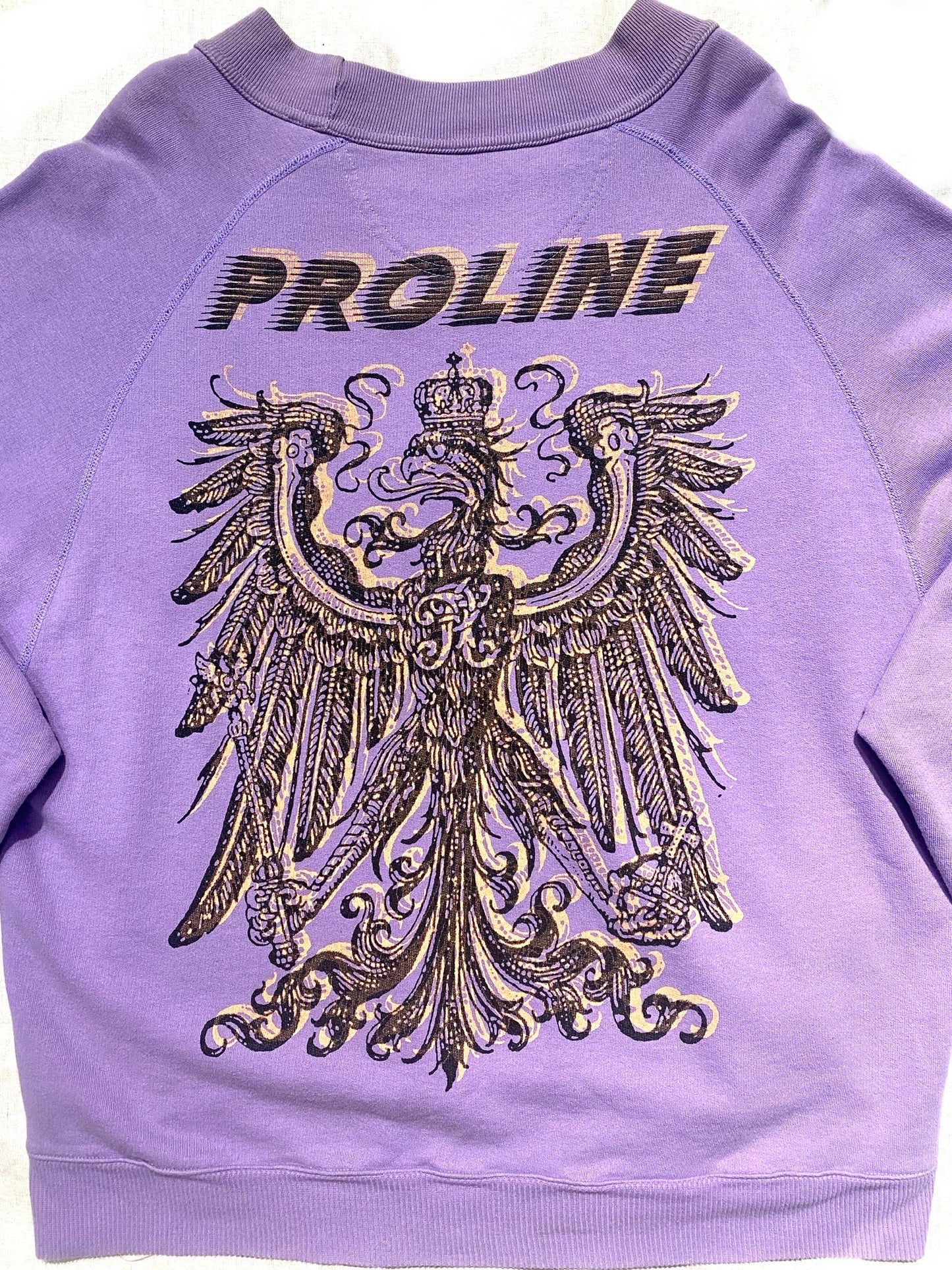 Proline JetSet felpa oversize in cotone girocollo lilla con stampa fenice serigrafica sul retro, anni '90 NoS