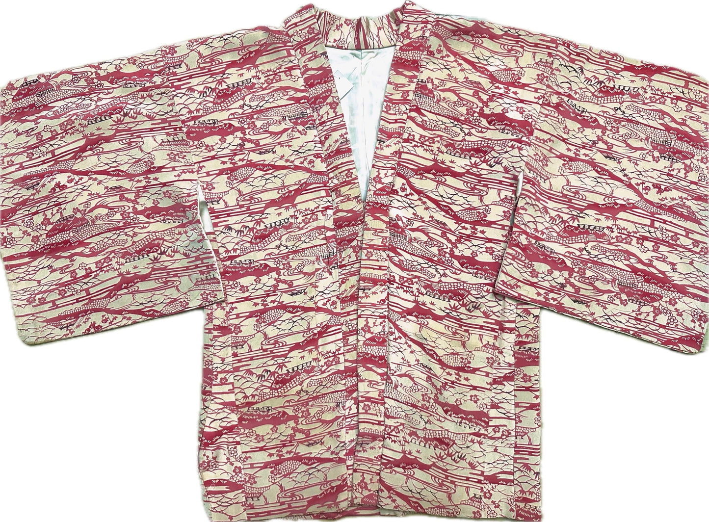Traditional Japanese cream color kimono w iconic red tones print,  pure silk, 1950s circa, great cond.