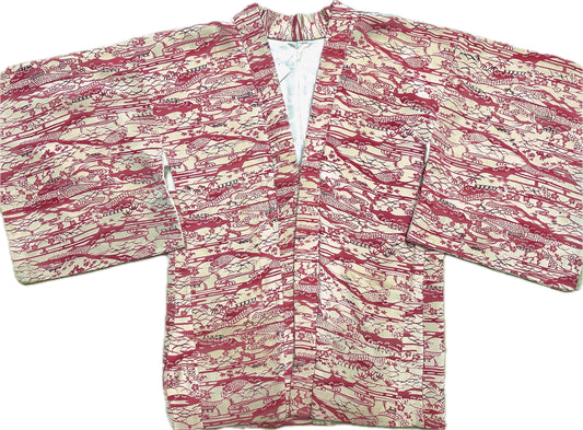 Traditional Japanese cream color kimono w iconic red tones print,  pure silk, 1950s circa, great cond.