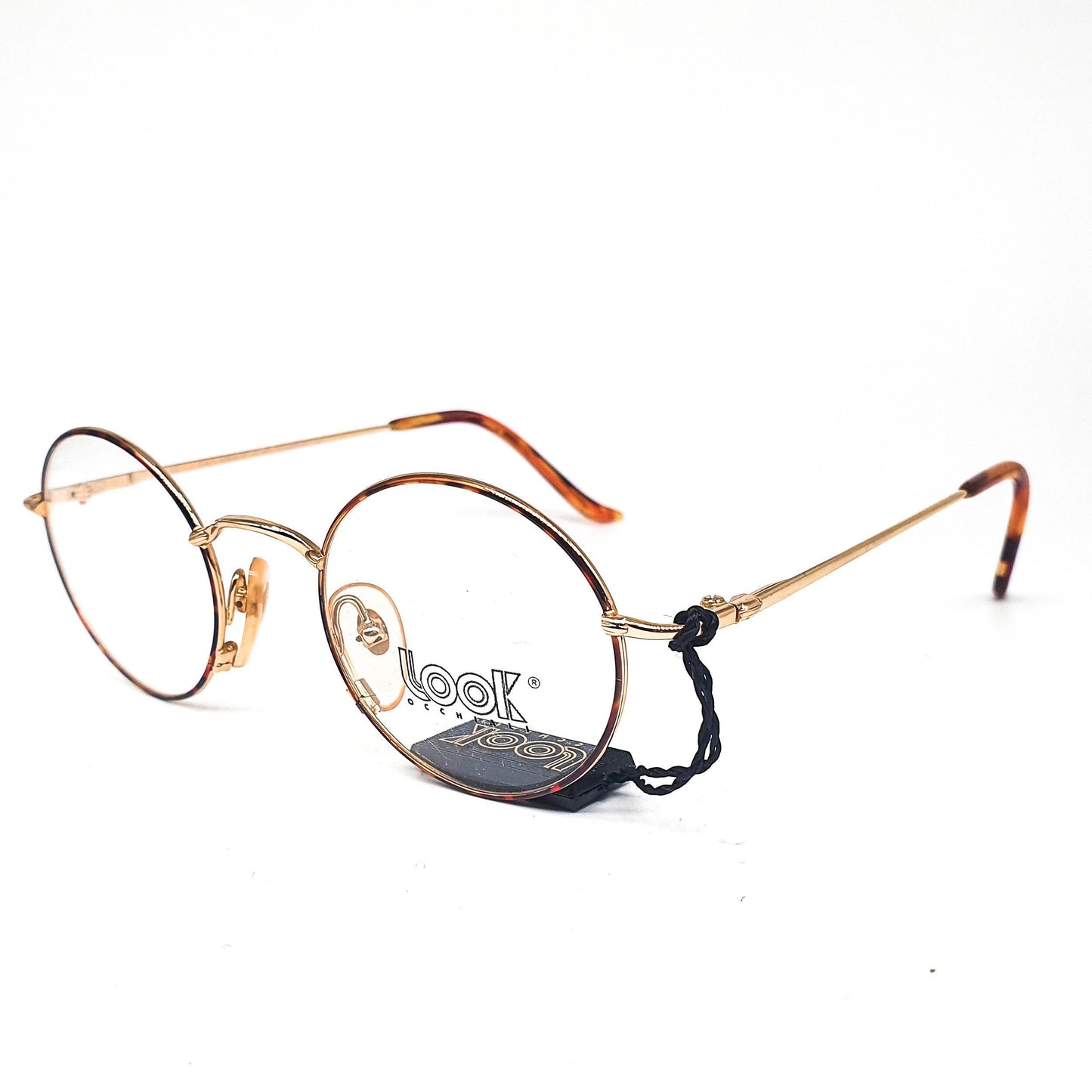 Look round gold metallic eyeglasses frames made in italy with tortoise cable rim, 1980s nos