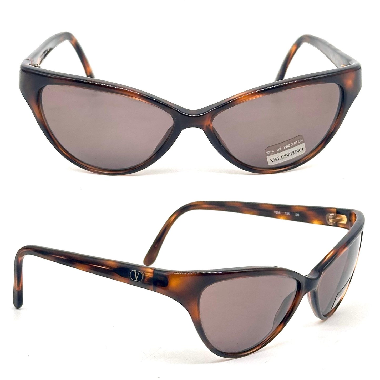 Valentino V606 modern cateye sunglasses in clear cello Golden V logo detail, NOS 90s.