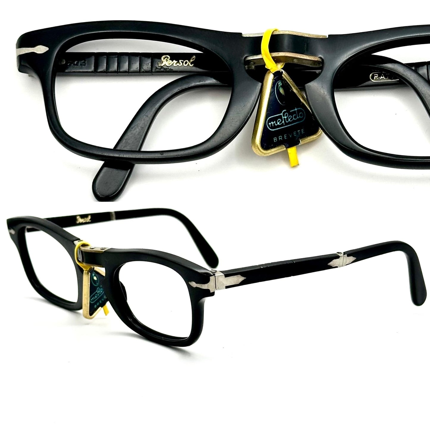 Persol 803 folding black cello rectangular frames w iconic arrow hinges, NOS 1960s Italy