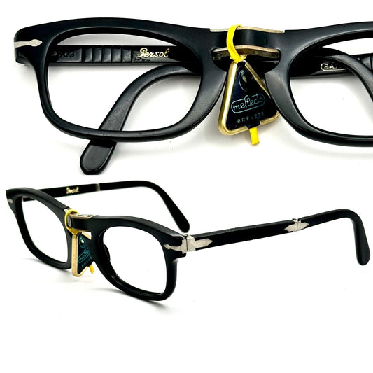 Persol 803 folding black cello rectangular frames w iconic arrow hinges, NOS 1960s Italy