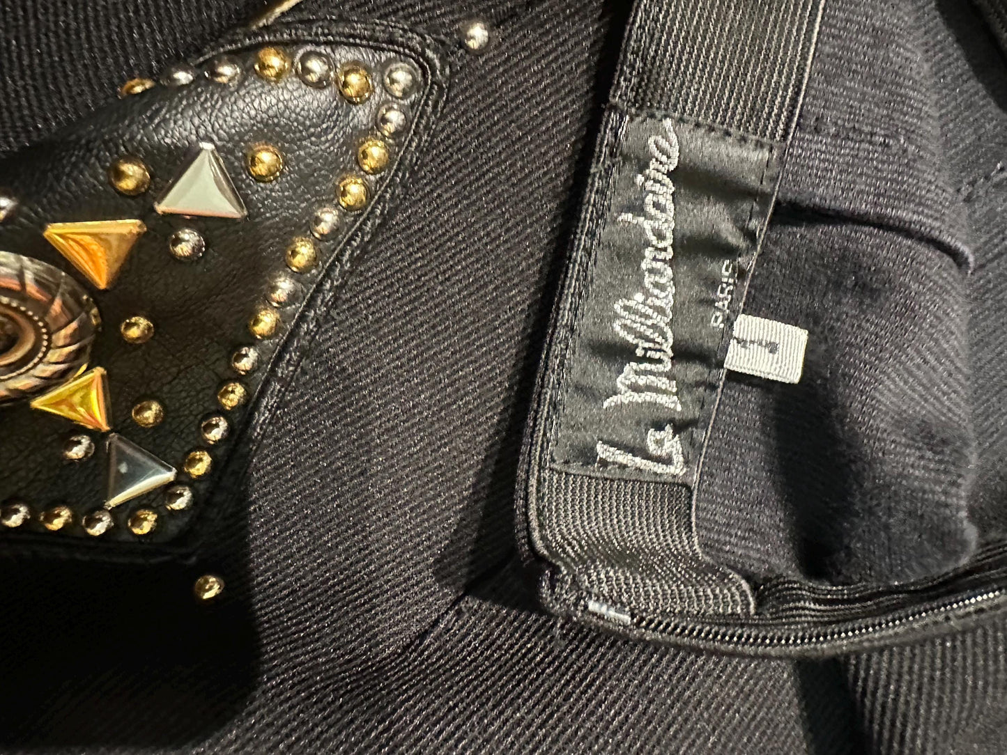 80s Paris couture set bolero and trousers in cotton/elast fully adorned w leather patches, studs & conchos, sz S/ 1