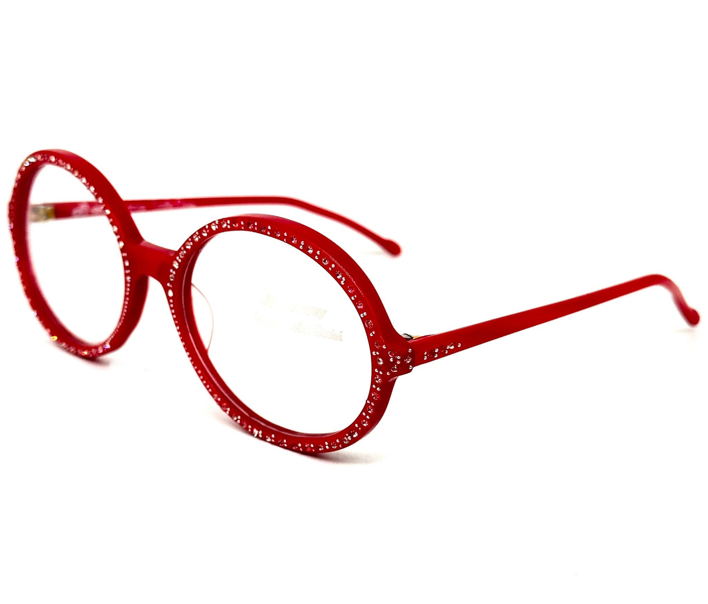 C. Orsini Armony round red eyeglasses fully set with rhinestones, hand made in Italy NOS 80s