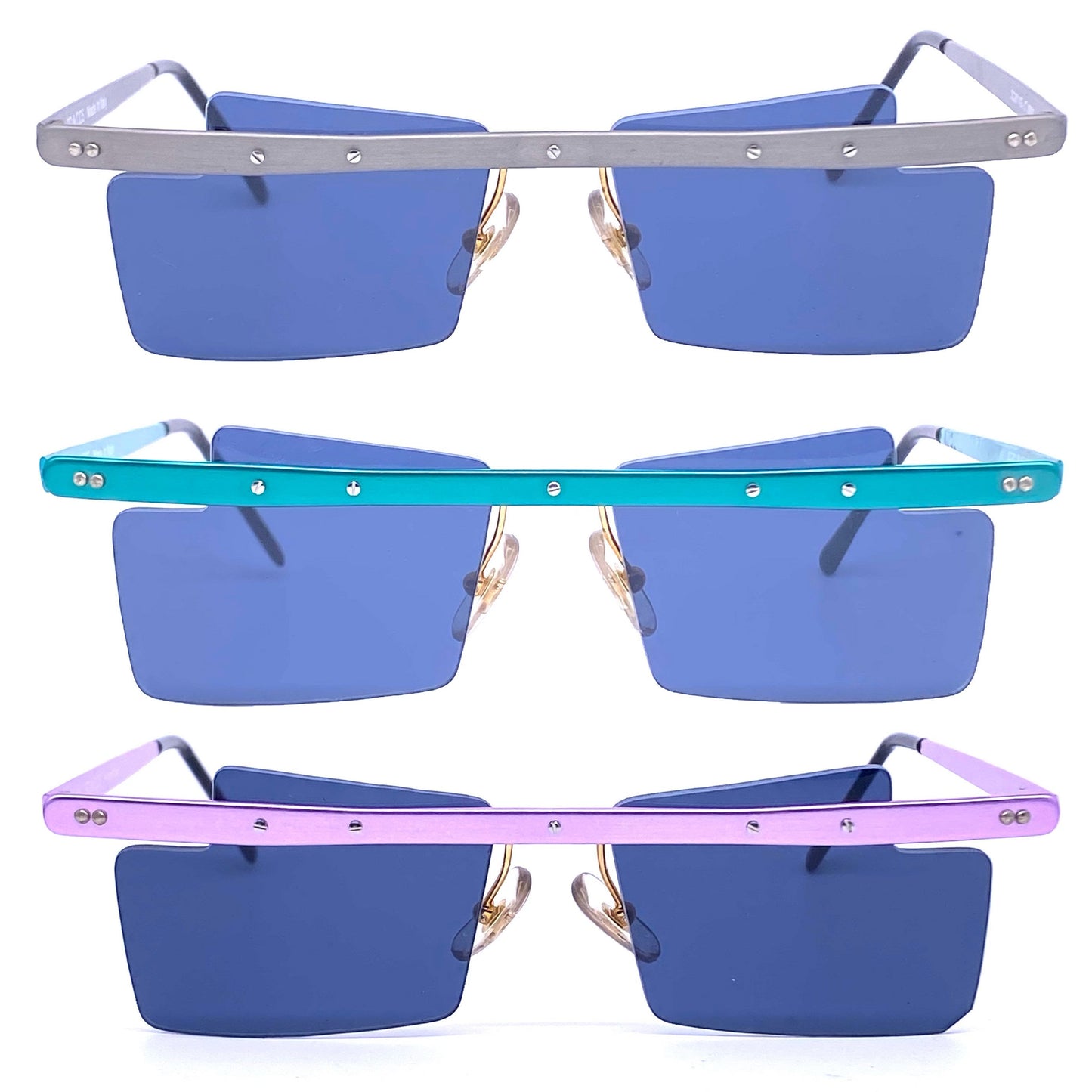 Sin&Cos square anodized metal avant-garde sunglasses, blue, silver or red, NOS 90s Italy