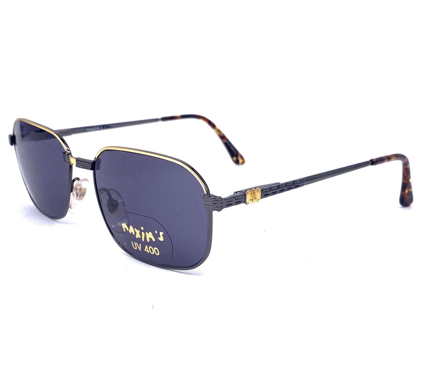 Maxim’s de Paris luxury rectangular metal sunglasses w carved details, in 2 colorways, NOS 90s Italy