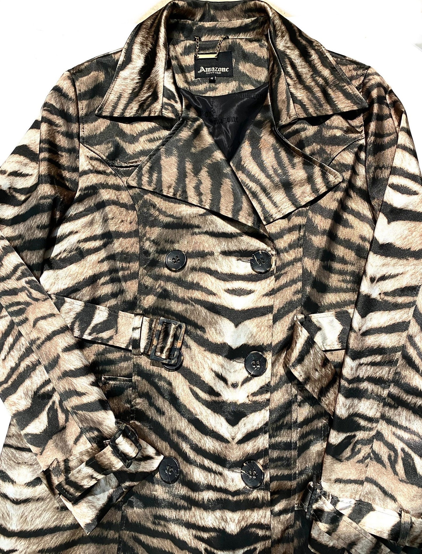 Amazone Couture coolest animalier satin dbl breast trenchcoat made in France, 2 sizes available, Mint