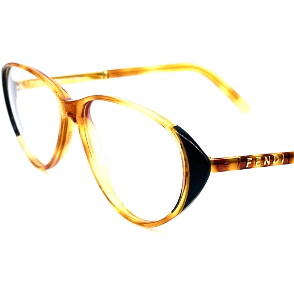Fendi gorgeous demi blonde cello oval cateye frames w matching enameled metal temples embossed w branding, 80s NOS Italy