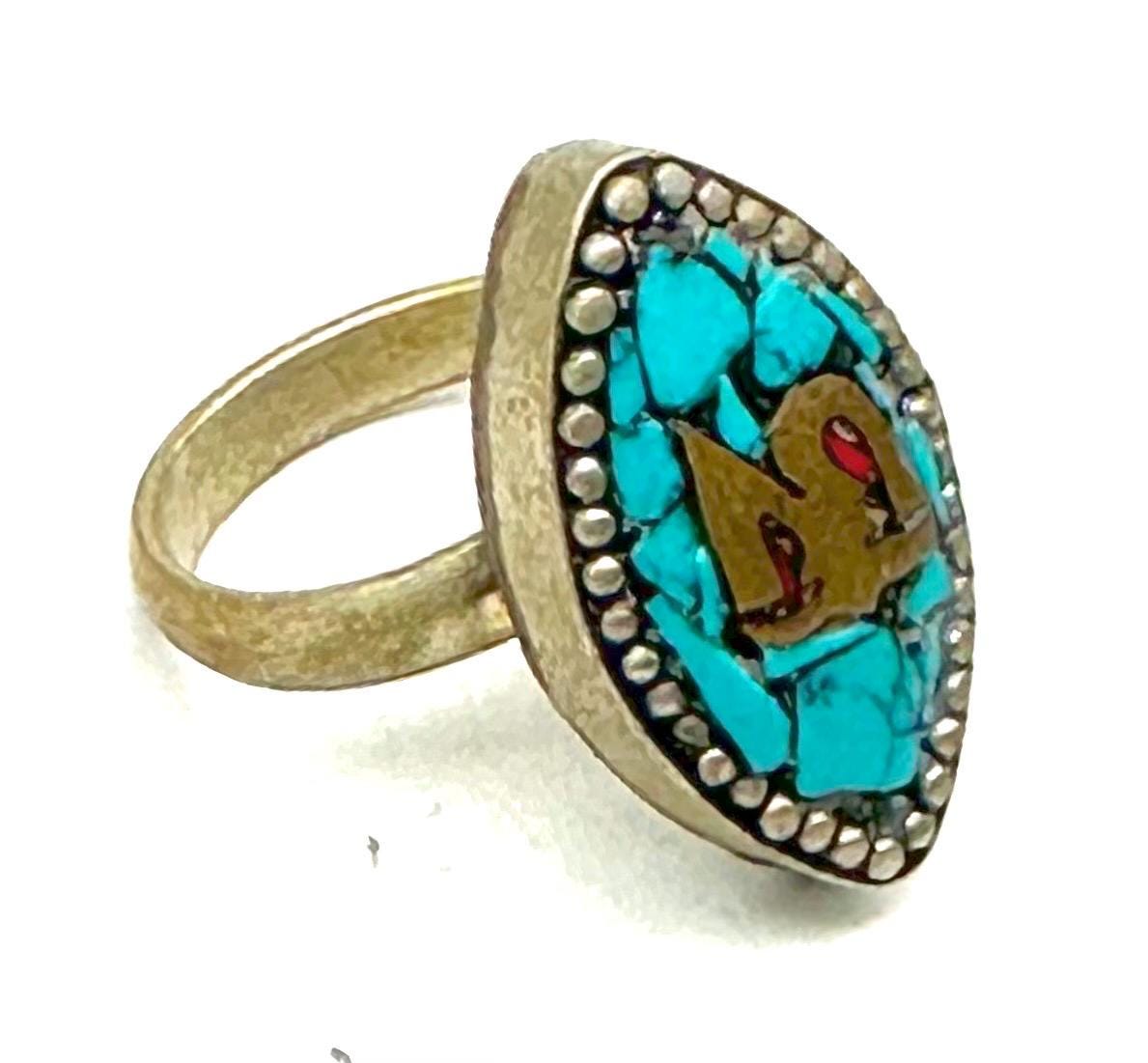 Tibetan ethnic rings w blue/red/turquoise beads/stones, adjustable