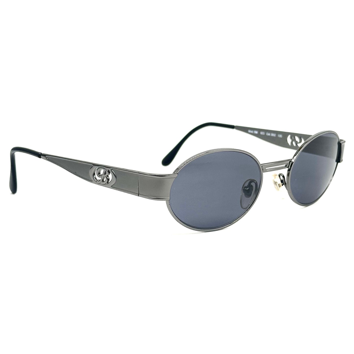 Bluemarine BM 623 oval gunmetal sunglasses w cutoff B logo, NOS 90s Italy