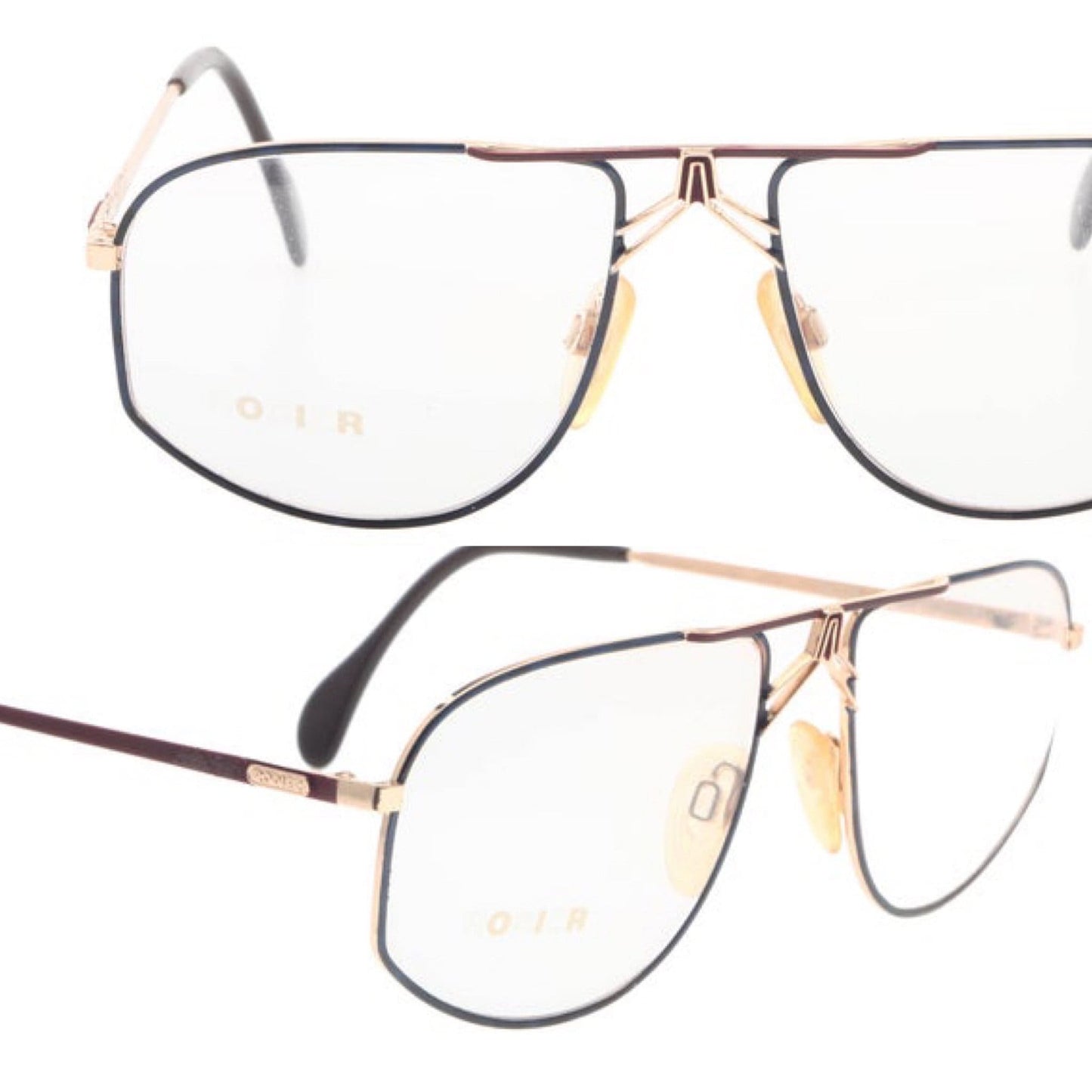 Rodier golden aviator frames w enameled navy rims & burgundy bridge and temples, NOS 80s Germany