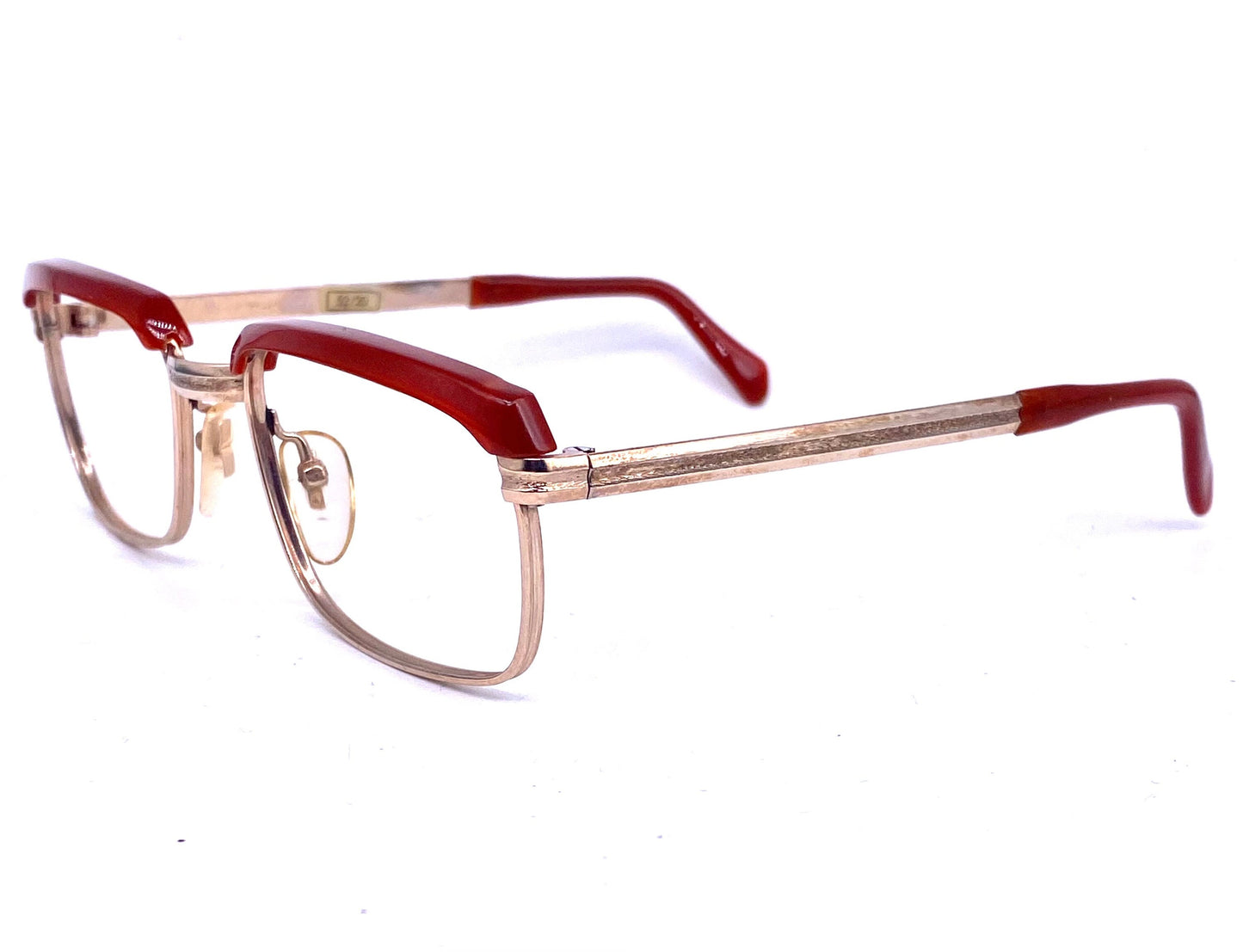 Safilo 1960s NOS square 20k gold plated eyeglasses with brick brownish red brows, mint