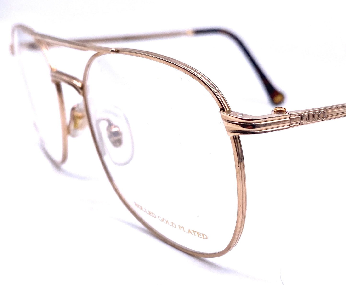 Gucci 1272 Rolled gold dbl bridge aviator eyeglasses with carved details, NOS 80s Italy