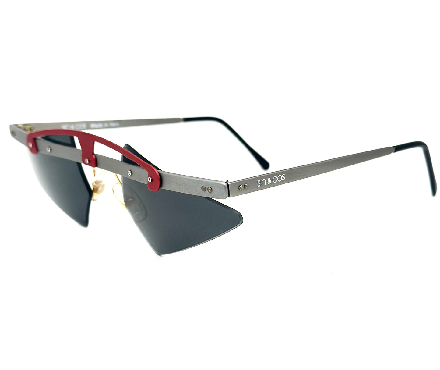 Sin&Cos edgy silver metal sunglasses with metallized red upper bridge, eye catching avant garde design, NOS 90s