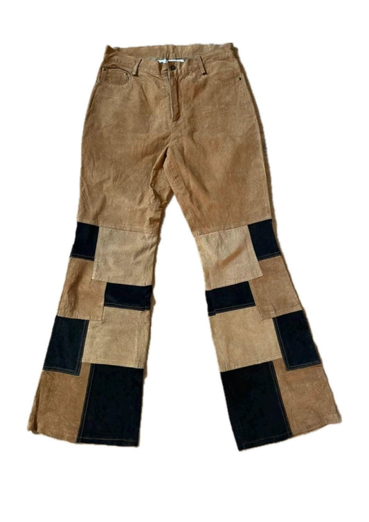 Real leather patchwork beige/brown squares bootcut trousers, w satin lining. Sz S - 40