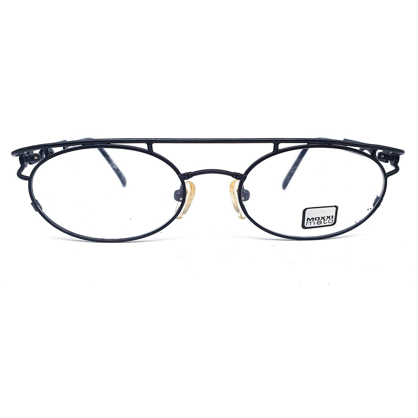 Moxxi Mato by Visibilia vintage black steampunk oval metallic eyeglasses frames with special flat browline NOS 1970s