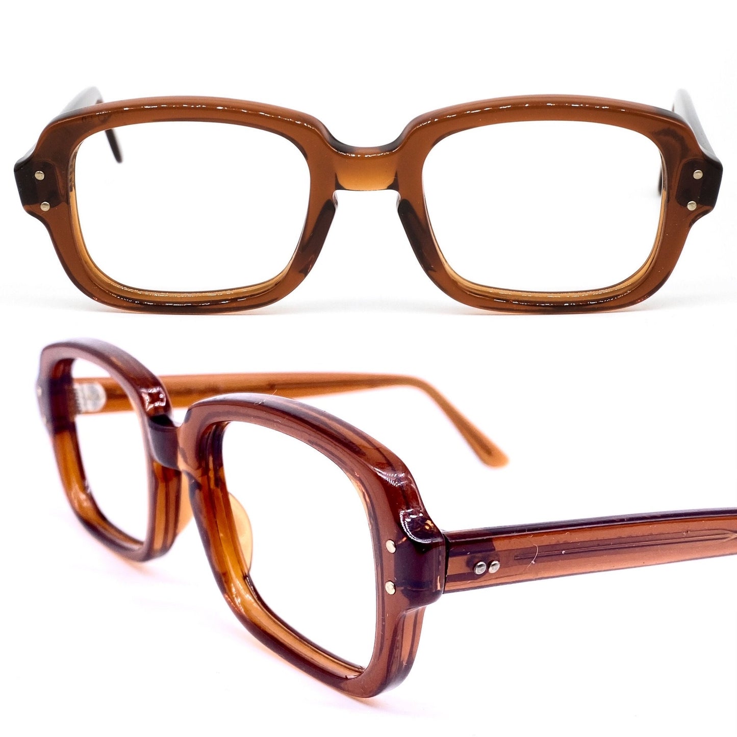 Romco US Army square brown translucent acetate glasses w silver metal pins, 1960s NOS brand new never worn