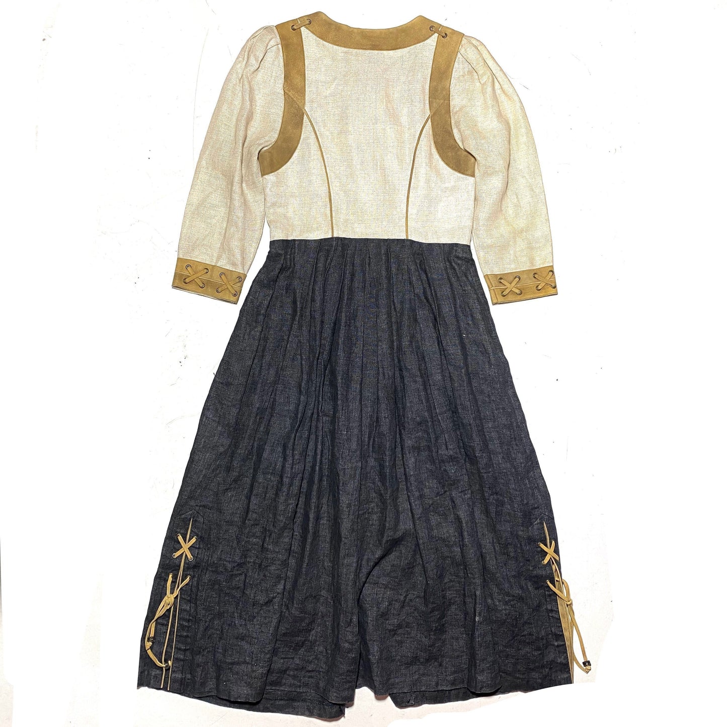 Lodenfrey traditonal german 100% linen long beige/black dress with suede details, great condition 80s