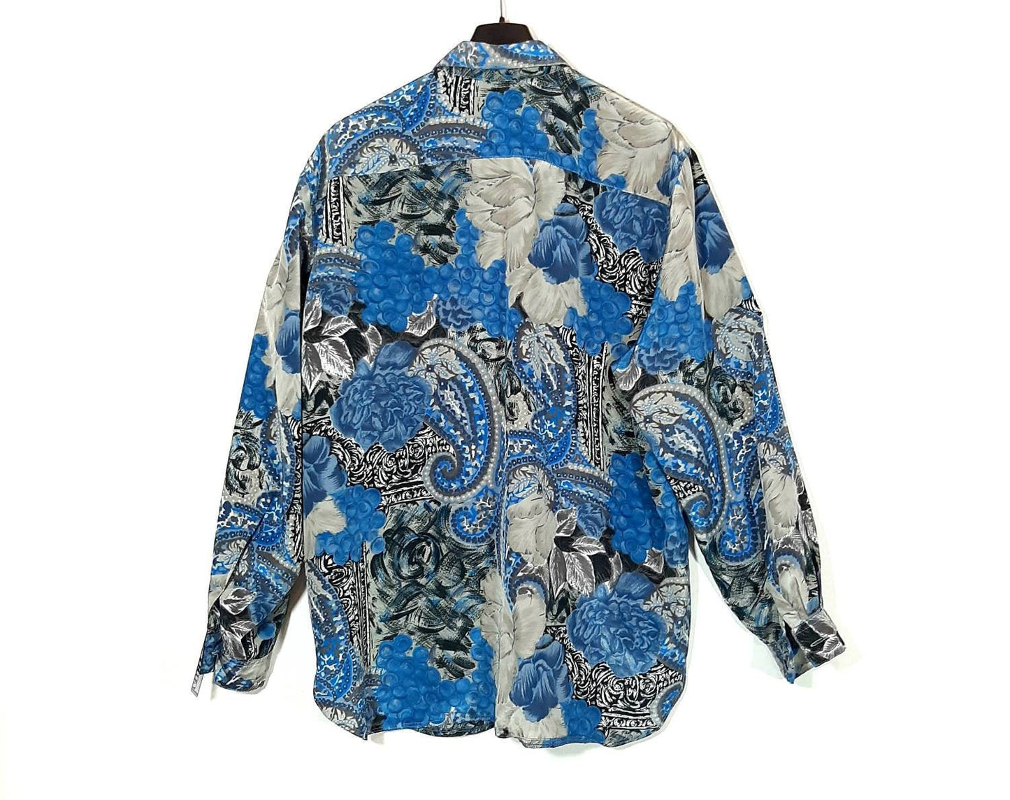Camicia floreale New Moon in raso floreale-barocco blu/grigio anni '80 Italia
