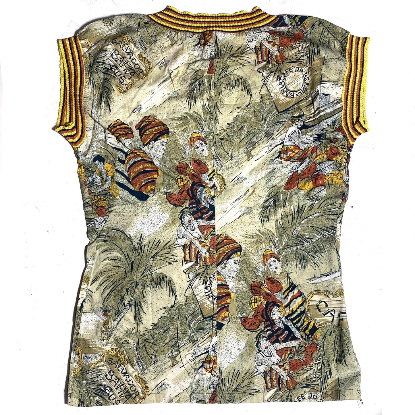 Cotton shirt with Brazil Coffe plants themed allover print, 80s mint condition