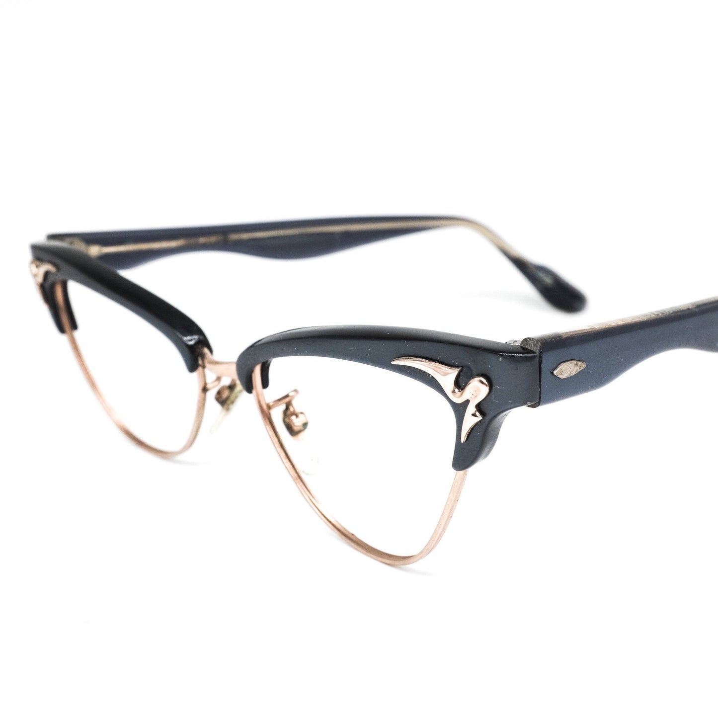 Bausch and Lomb B&L cello eyeglasses frames in clubmaster and cateye design with golden details, 1980s