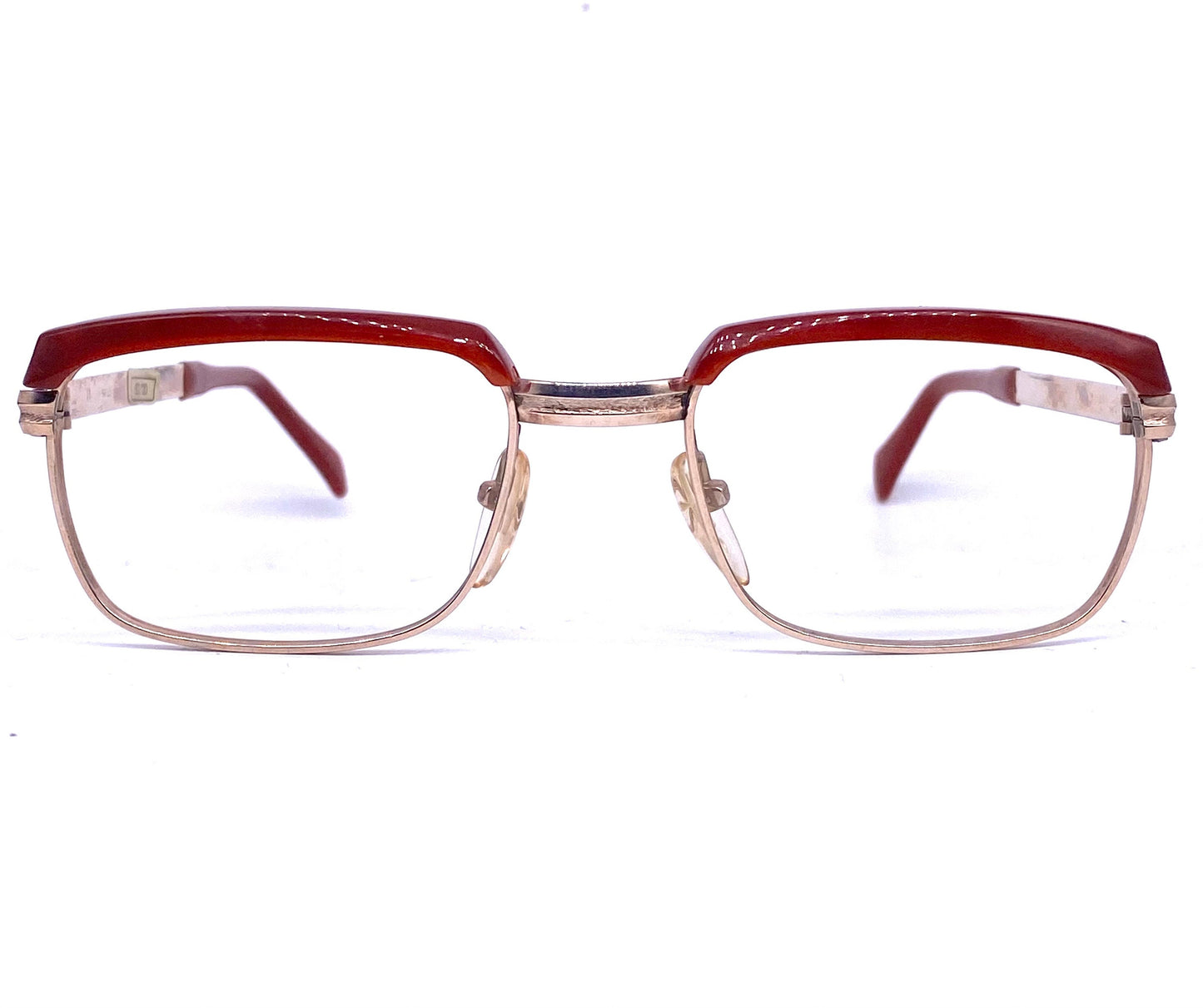 Safilo 1960s NOS square 20k gold plated eyeglasses with brick brownish red brows, mint