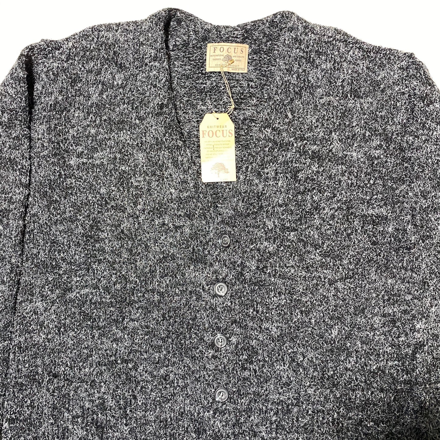 Focus 90s wool blend grey melange cardigan with pockets, new with tags.
