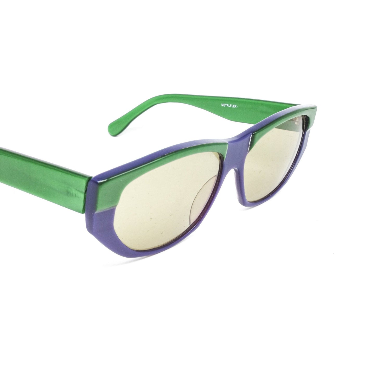 Fiorucci Metalflex unusual green purple acetate sunglasses with light green lenses, 1960s NOs