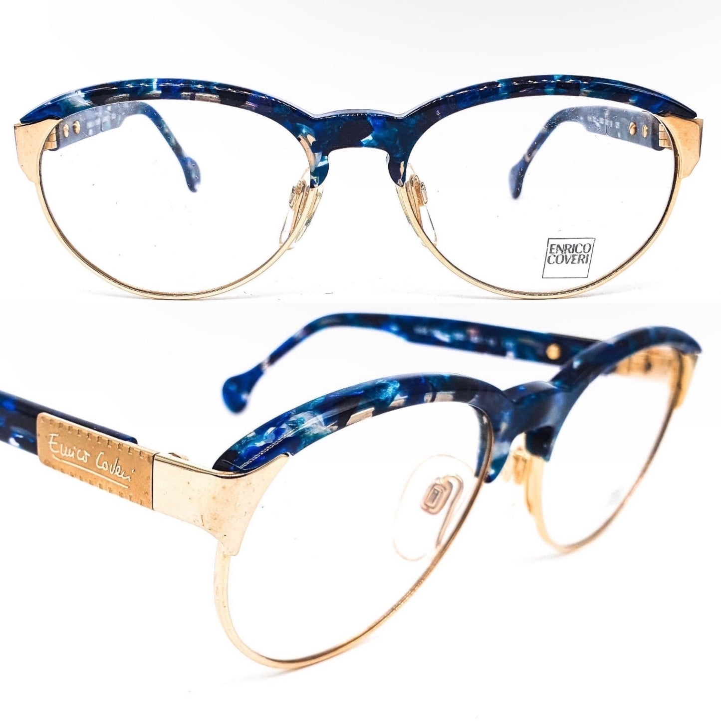 Enrico Coveri 201 blue cellulose clubmaster eyeglasses frames with golden rim and hinges, 1990s NOS Italy