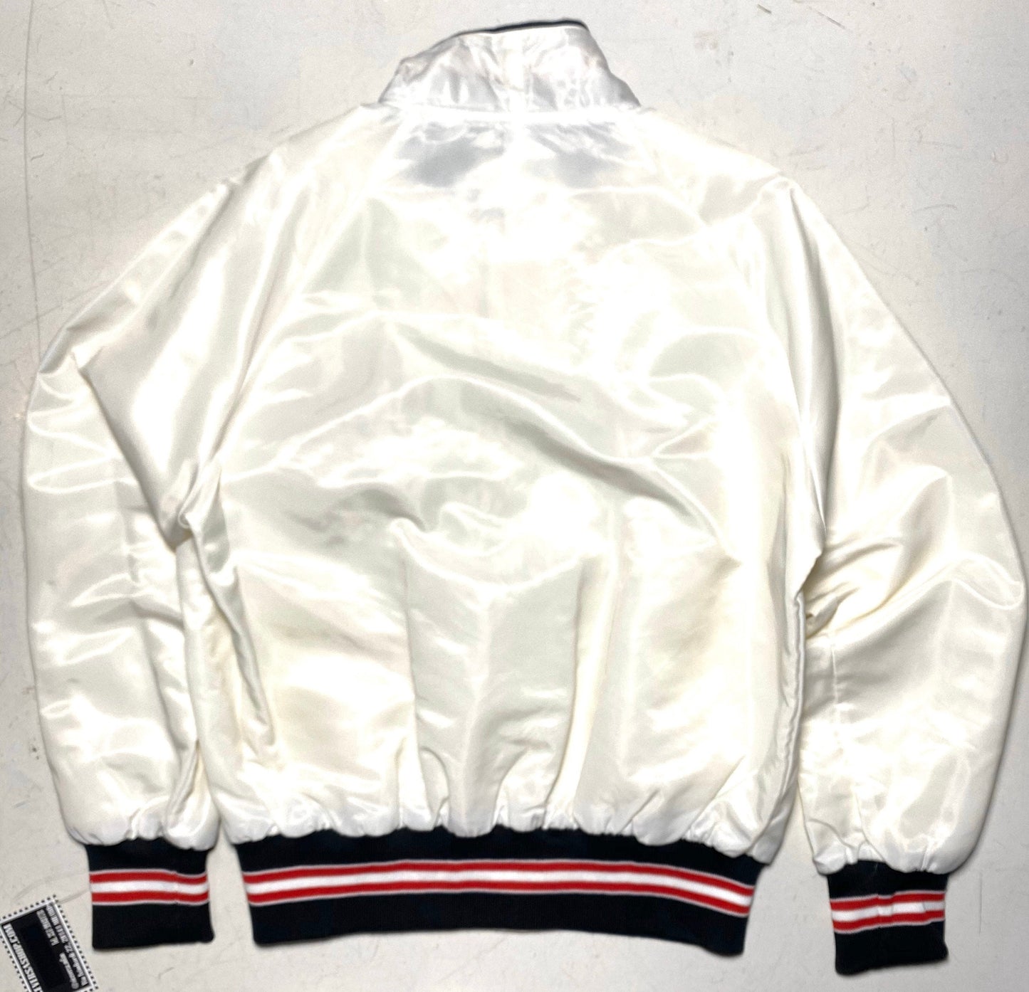 Collectible white satin varsity by Superior Sportswear x Lenco welding tools, mint condition sz M