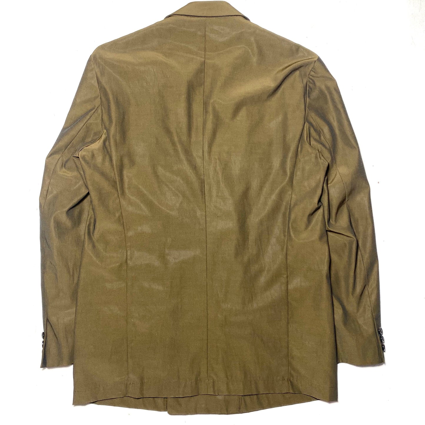 Sartorial light dbl breast summer blazer, iridescent military green Bemberg rayon, new old stock 90s