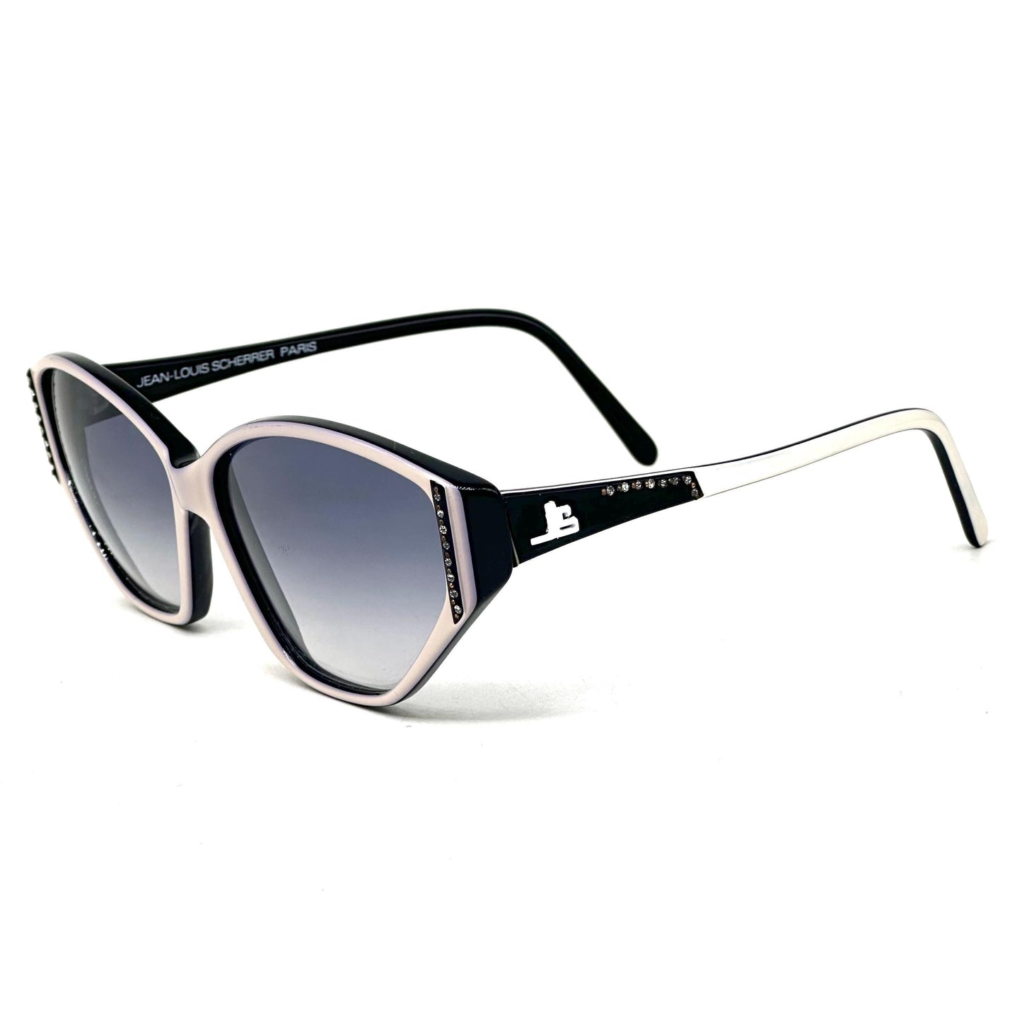 Jean-Louis Scherrer Paris frame 865 cat eye sunglasses in black and white acetate enriched with rhinestones. 90s NOS France