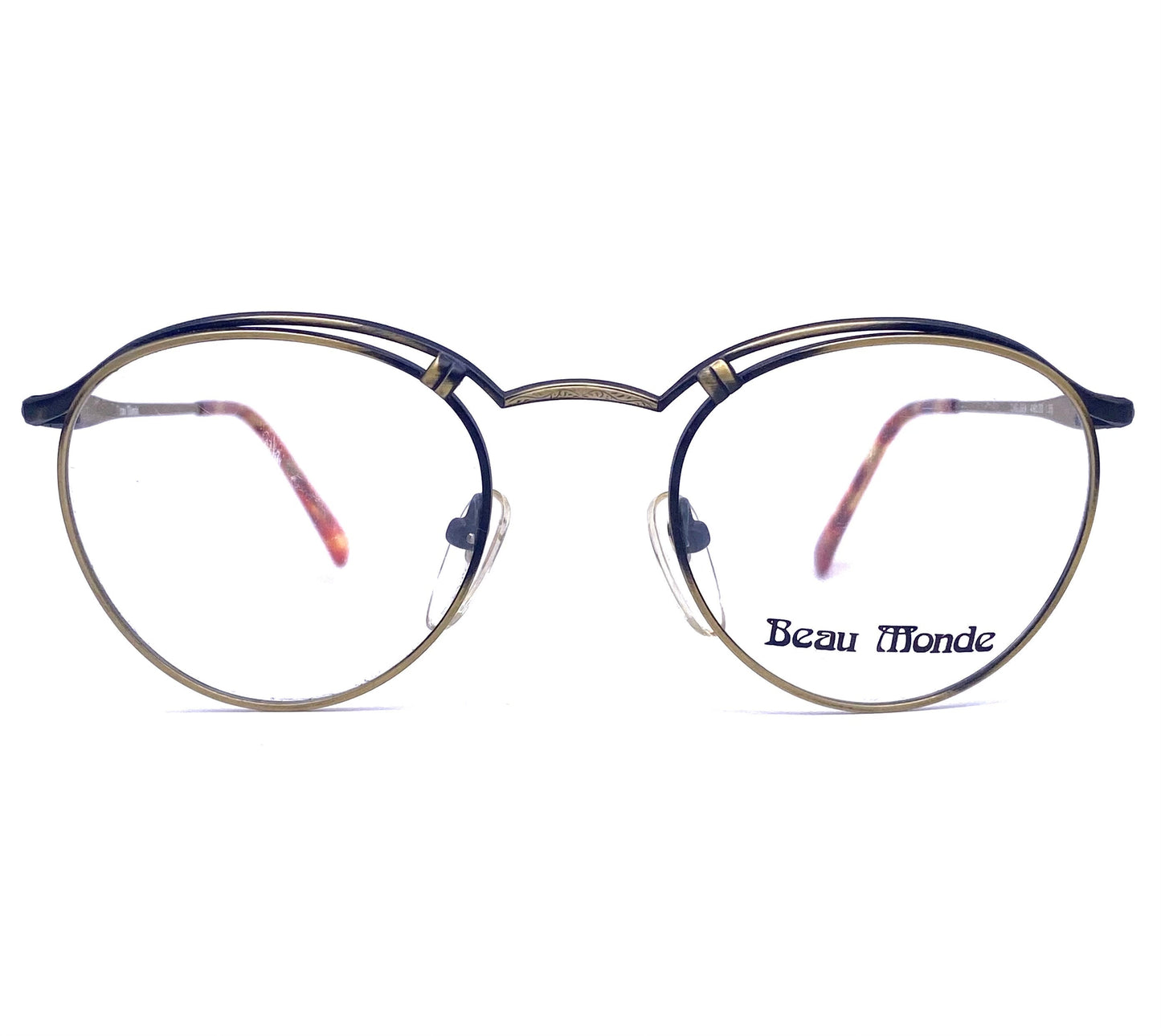 Beau Monde Chelsea luxury round-pantos eyeglasses frames in antiqued brass w- decó style carvings, NoS 80s Japan