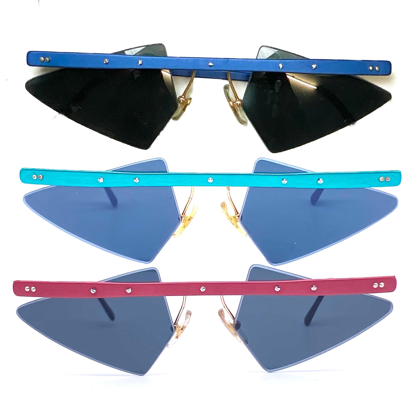 Sin&Cos glam rock edgy anodized metal avant garde sunglasses, blue, green or red, NOS 90s Italy