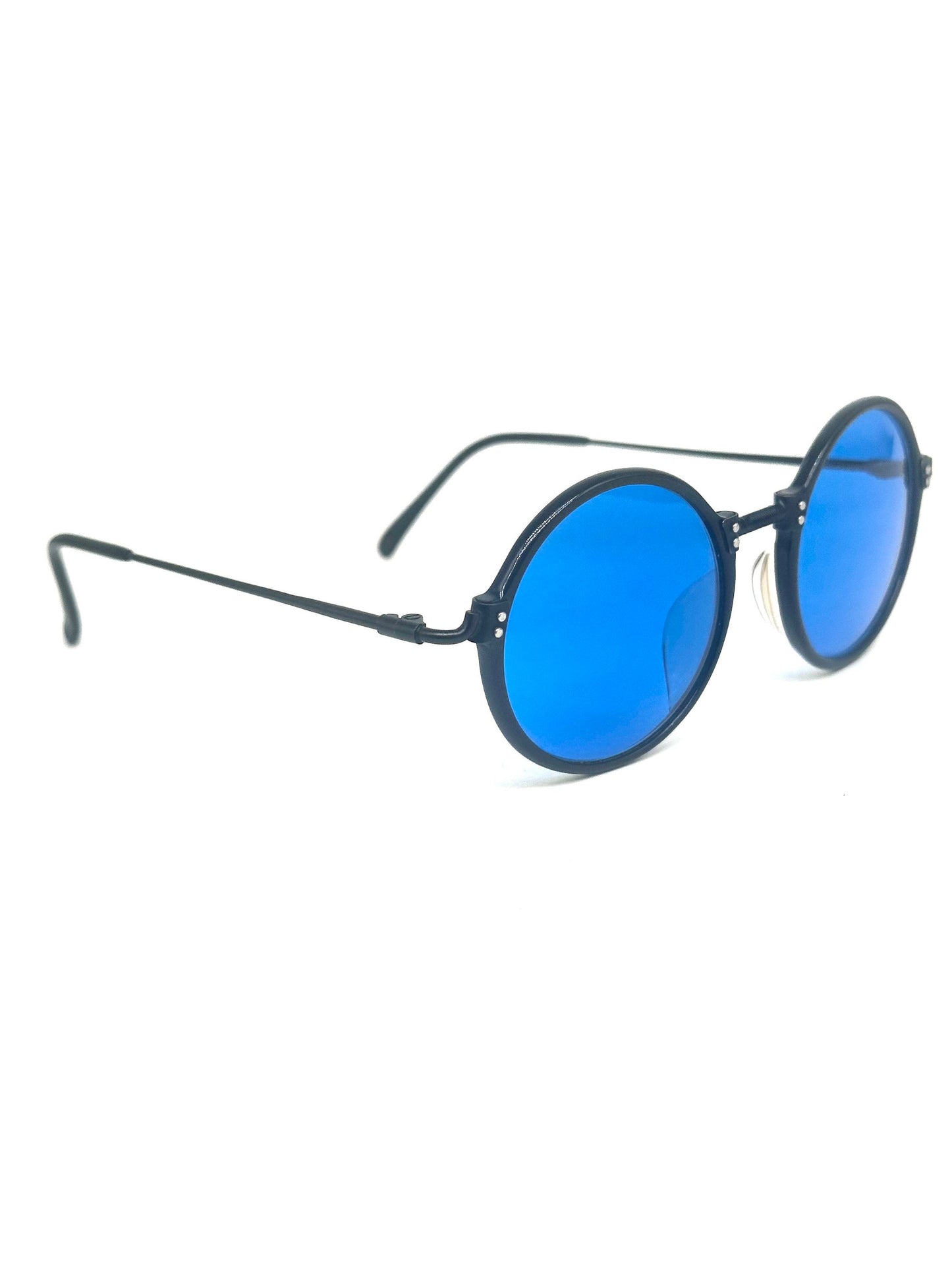 Jean Paul Gaultier 55-7261 black steampunk round sunglasses with blue lenses, NOS 80s Japan