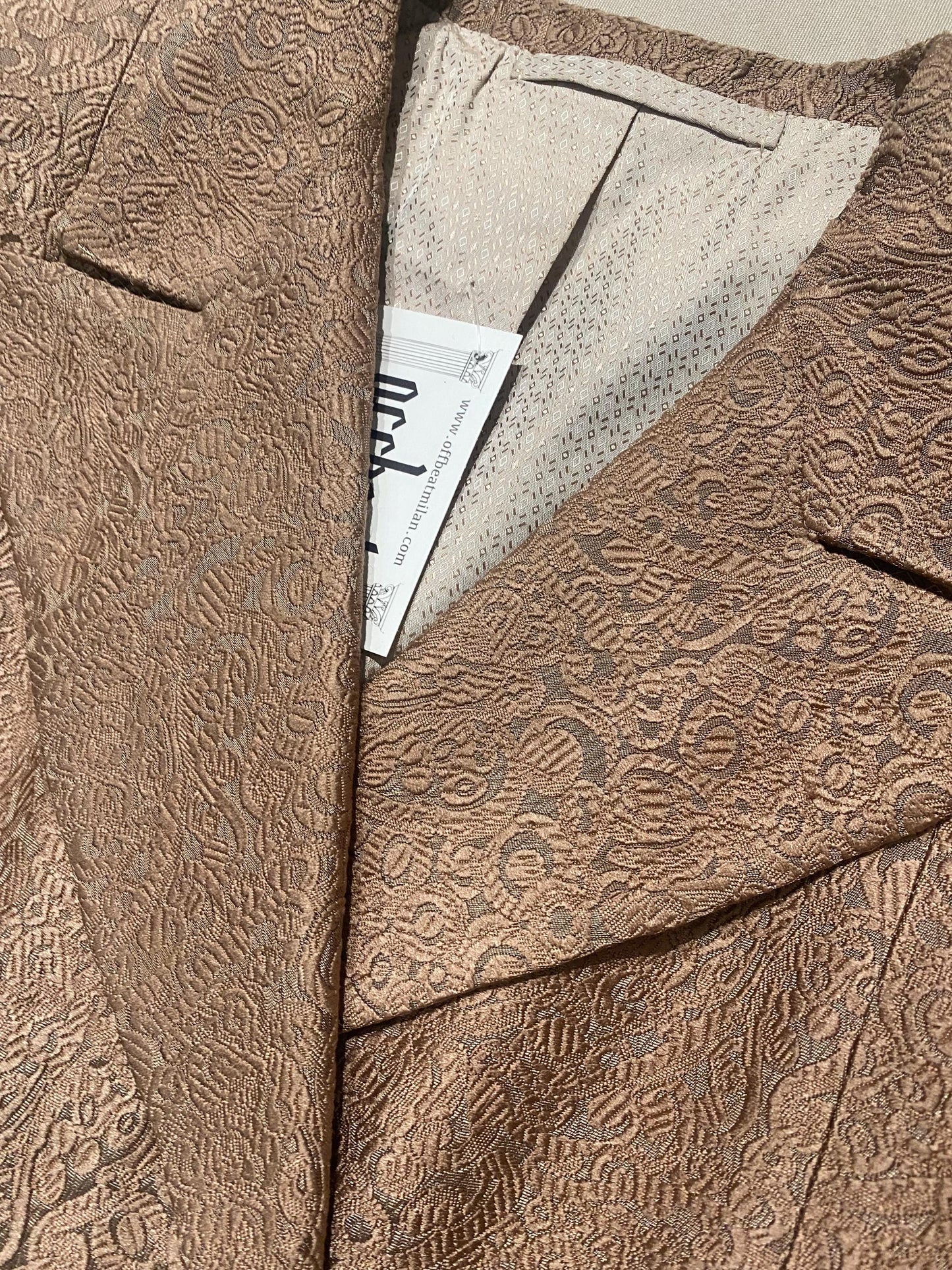 1960s sartorial dbl breast coat in jacquard satin brocade allover, cameo color w beige lining, as new