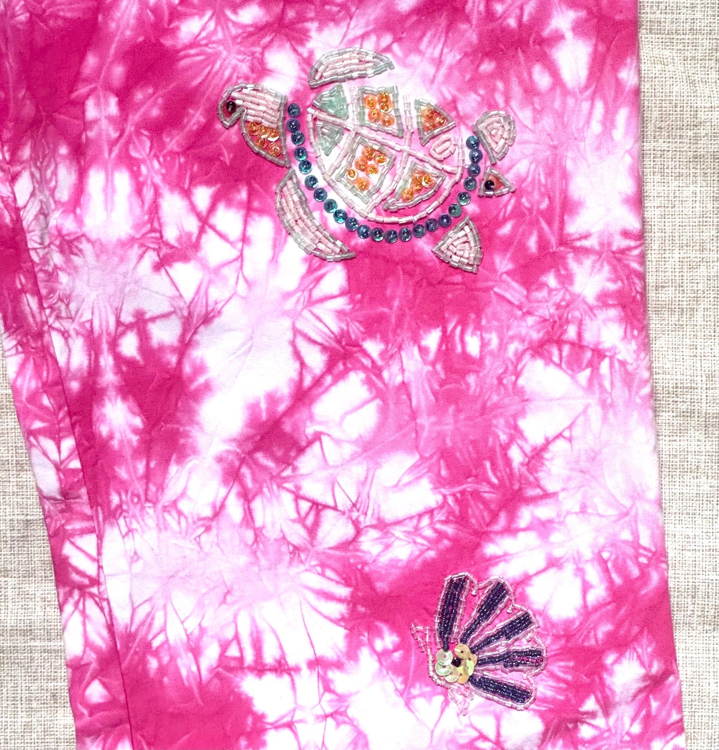 Giusi Slaviero vintage tie dye flare pink bootcut pant with bead embroidery shells, stars and aquatic animals size 42 NWT