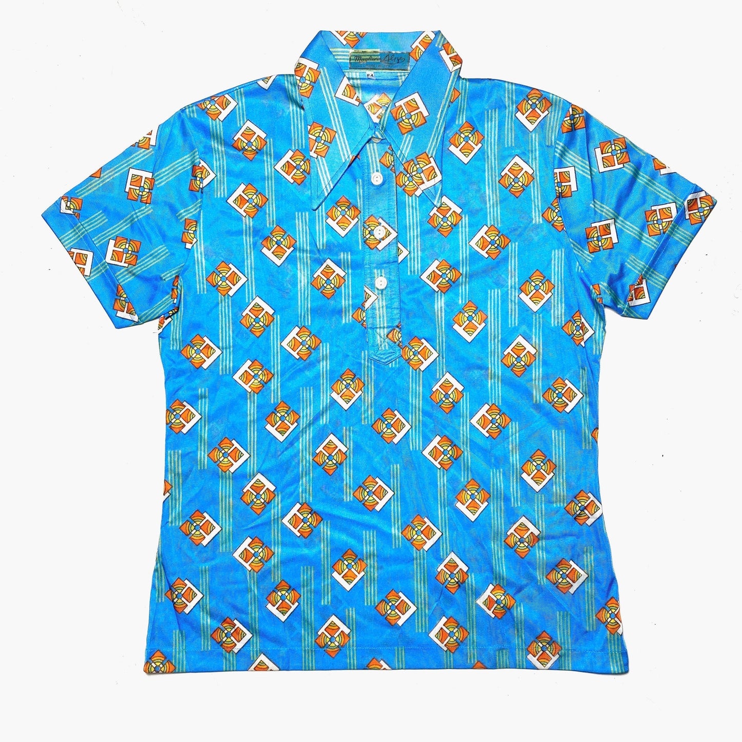 Alpe 70s NOS turquoise/orange Mod abstract print polo shirt with iconic big collar, perfect