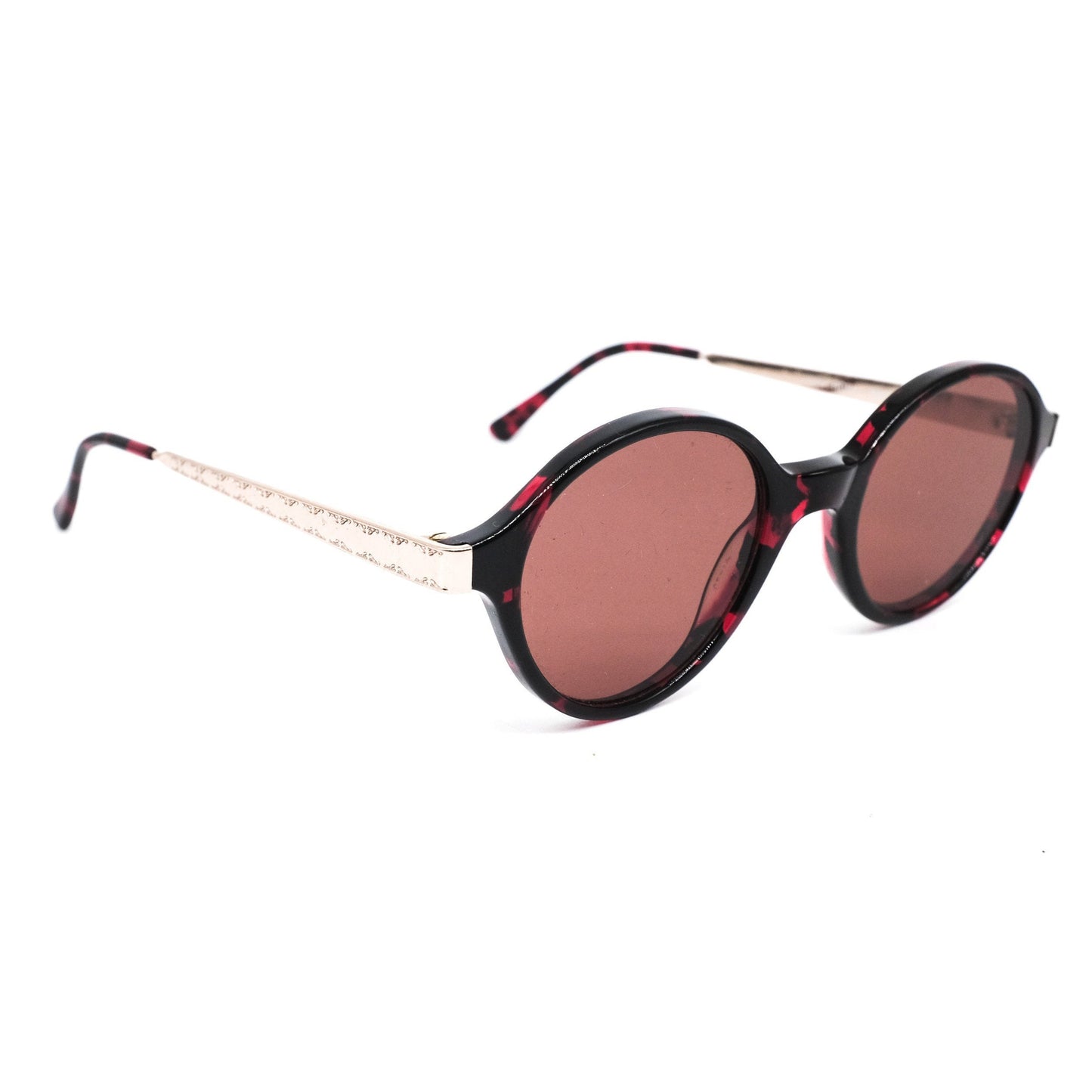Red Rose RR51 round tortoise sunglasses with flat lenses & golden metal carved temples, NoS 80s