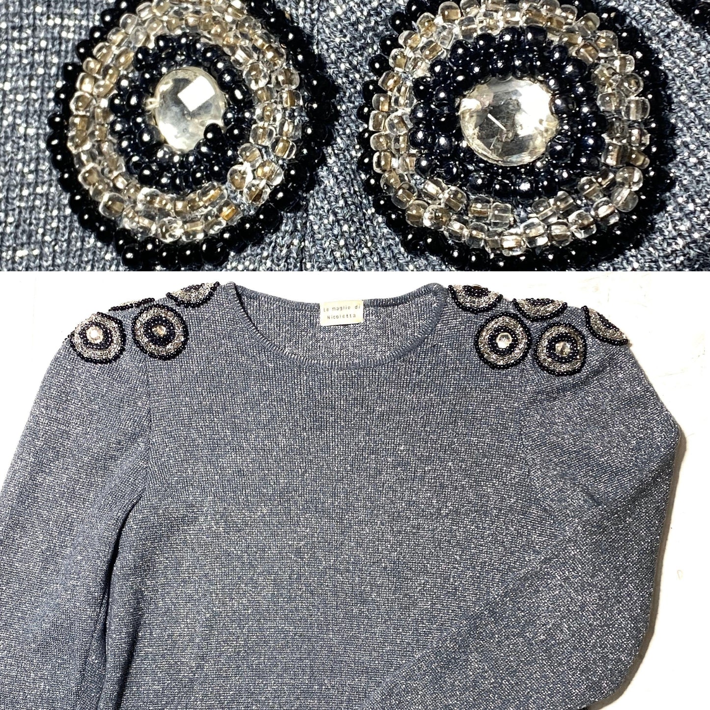 Nicolet Knitwear silver sweater dress with preciously hand embroidered shoulders, mint 80s Italy