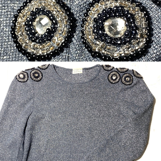 Nicolet Knitwear silver sweater dress with preciously hand embroidered shoulders, mint 80s Italy