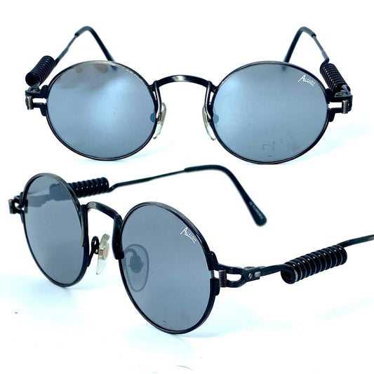 Florence Action 2871 round steampunk sunglasses w mirrored lenses, in gunmetal w spring-spiral temples , NOS 80s