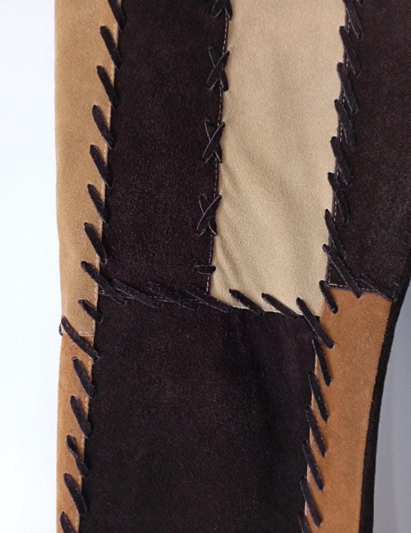 Quba suede patchwork flared brown tones leather trousers sz L/ 44 as new