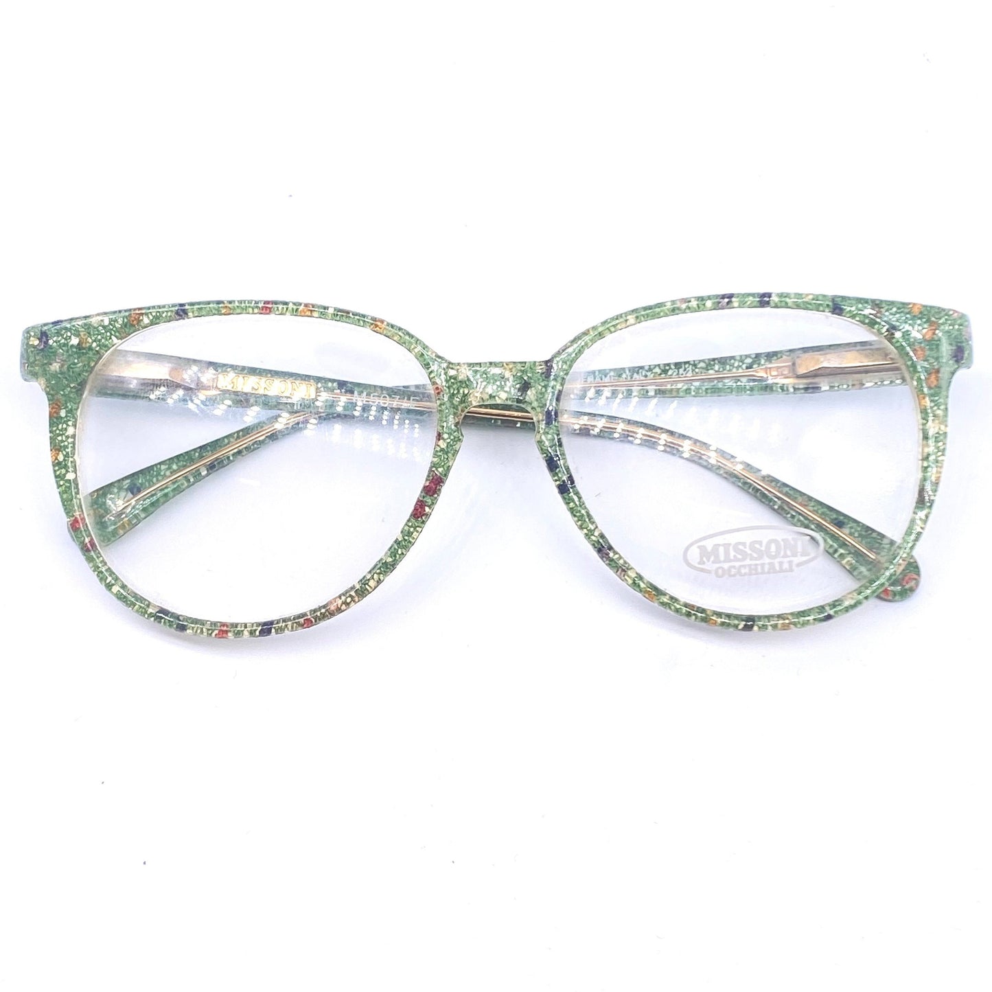 Missoni M507 iconic real fabric inlaid square unisex frames, green base with multicolor dots, NOS 80z