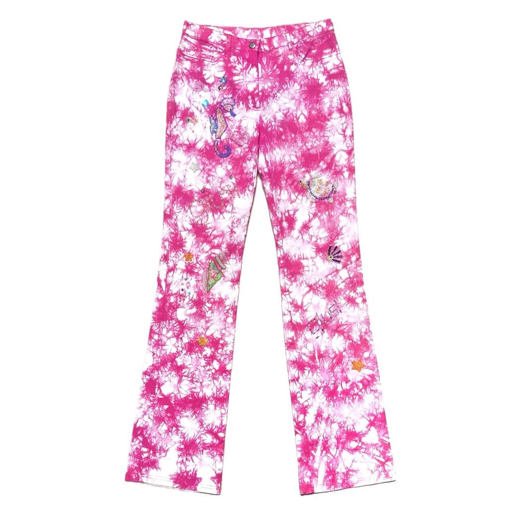 Giusi Slaviero vintage tie dye flare pink bootcut pant with bead embroidery shells, stars and aquatic animals size 42 NWT