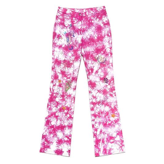 Giusi Slaviero vintage tie dye flare pink bootcut pant with bead embroidery shells, stars and aquatic animals size 42 NWT