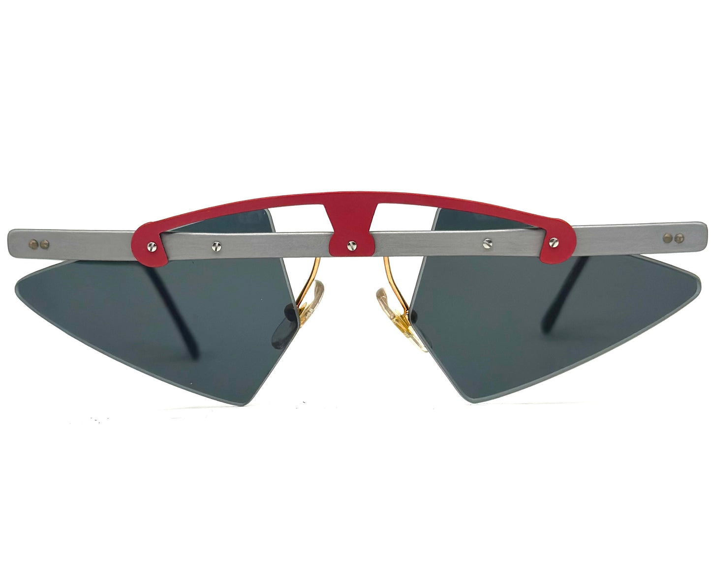 Sin&Cos edgy silver metal sunglasses with metallized red upper bridge, eye catching avant garde design, NOS 90s