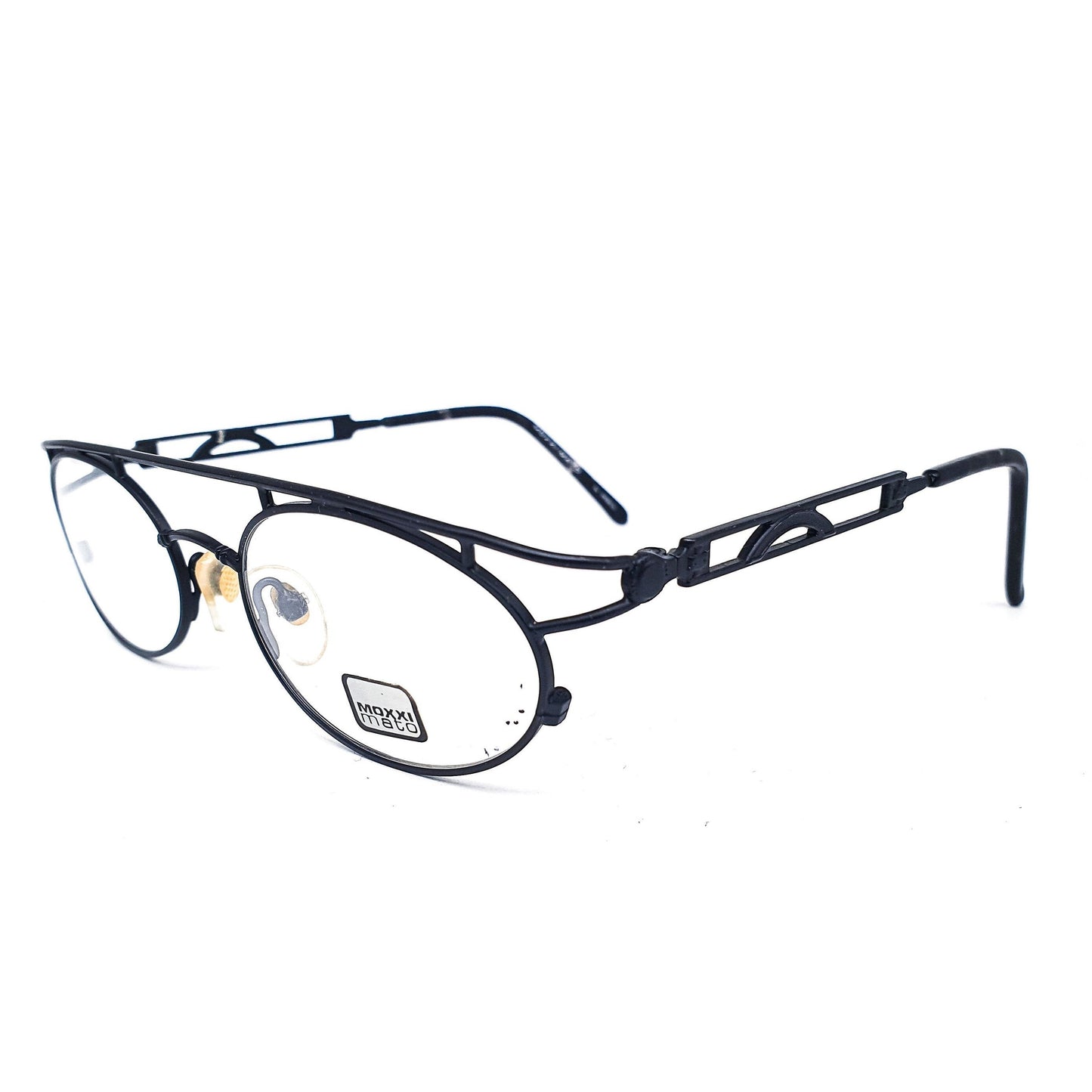 Moxxi Mato by Visibilia vintage black steampunk oval metallic eyeglasses frames with special flat browline NOS 1970s